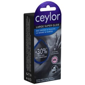 Ceylor Kondome Large Super Glide (extraweite Kondome mit 30% mehr Gleitmittel) Packung mit, 9 St., im hygienischen "Dösli", einfach zu öffnen, schnelleres Überziehen