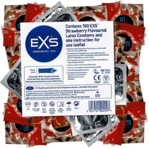 EXS Kondome Strawberry Flavour - leckere Kondome Packung mit, 100 St., Kondome mit Erdbeer-Geschmack, Kondomvorrat, Großpackung