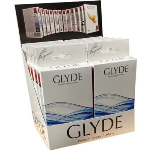 Glyde Kondome Glyde Ultra, 10x10 vegane Kondome Spar-Set, Sorte: Blueberry, Zertifiziert mit der Veganblume, Gefühlsecht & Reißfest, blau gefärbt und mit natürlichem Blaubeer-Aroma