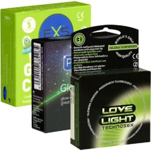 Kondomotheke Kondome Glow Mix 3 Packungen leuchtende Kondome, insgesamt, 9 St., Leuchtkondome für mehr Fun im Dunkeln