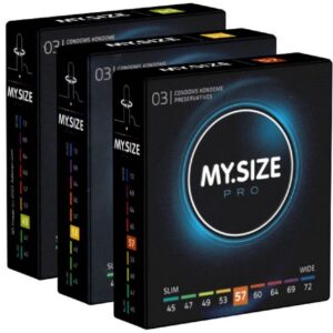 MY.SIZE Kondome PRO "Probierset M" (49mm, 53mm, 57mm) 3 Packungen mit je 3 Maßkondomen, insgesamt, 9 St., Kondome zum Anprobieren und Austesten, die neue Generation MY.SIZE Kondome
