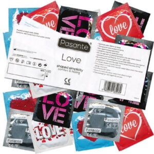 Pasante Kondome Pasante "Love" Motivkondome mit freizügiger Comfort-Form Packung mit, 144 St., romantische Kondome, ideal für Junggesellenabschiede, Geschenk für Männer, Vorratspackung, bedruckte Siegelfolien