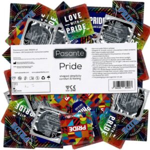 Pasante Kondome Pasante "Pride" 144 Motivkondome mit freizügiger Comfort-Form Packung mit, 144 St., Gaypride Kondome, bedruckte Siegelfolien