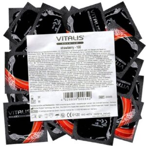 VITALIS Kondome Vitalis PREMIUM "Strawberry" rote Kondome für Oralverkehr Packung mit, 100 St., Kondome mit Erdbeer-Aroma, zuverlässig, sicher und angenehm im Gebrauch
