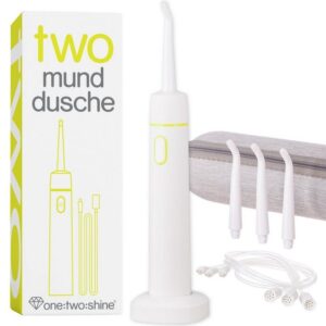 one:two:shine Reise-Munddusche TWO, klein, leicht, kabellos & elektrisch für Urlaub & Reise, mit, Aufsätze: 3 St., zur effektiven Zahnzwischenraumreinigung