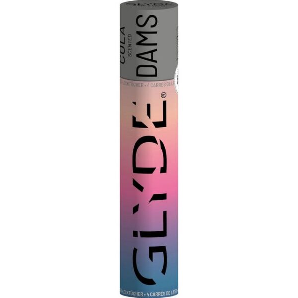 Glyde Kondome Glyde Dams 4 farbige Latex-Schutztücher (Lecktücher) mit Duft Variante: Black/Cola, 4 St., seidenweiche Latex-Tücher für Oralverkehr, Schwarz gefärbt - Lecktücher mit Cola-Duft