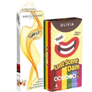 Kondomotheke Kondome Dams-Doppel (Lecktücher) 2 Packungen Latextücher, insgesamt, 10 St., Dams Probierset, bunte Lecktücher mit Geschmack, Sheer Glyde & Olivia Mix